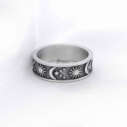 Silver stainless steel Sun Moon Stars ring by Glitters, featuring celestial design with sun, moon, and star motifs.