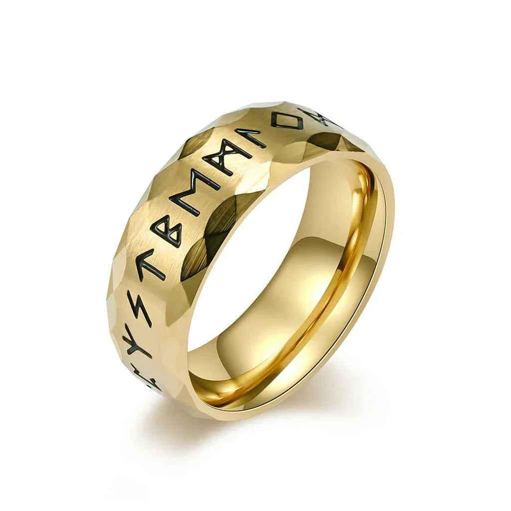 Gold stainless steel Viking Norse rune ring with intricate runic engravings, crafted by Glitters.