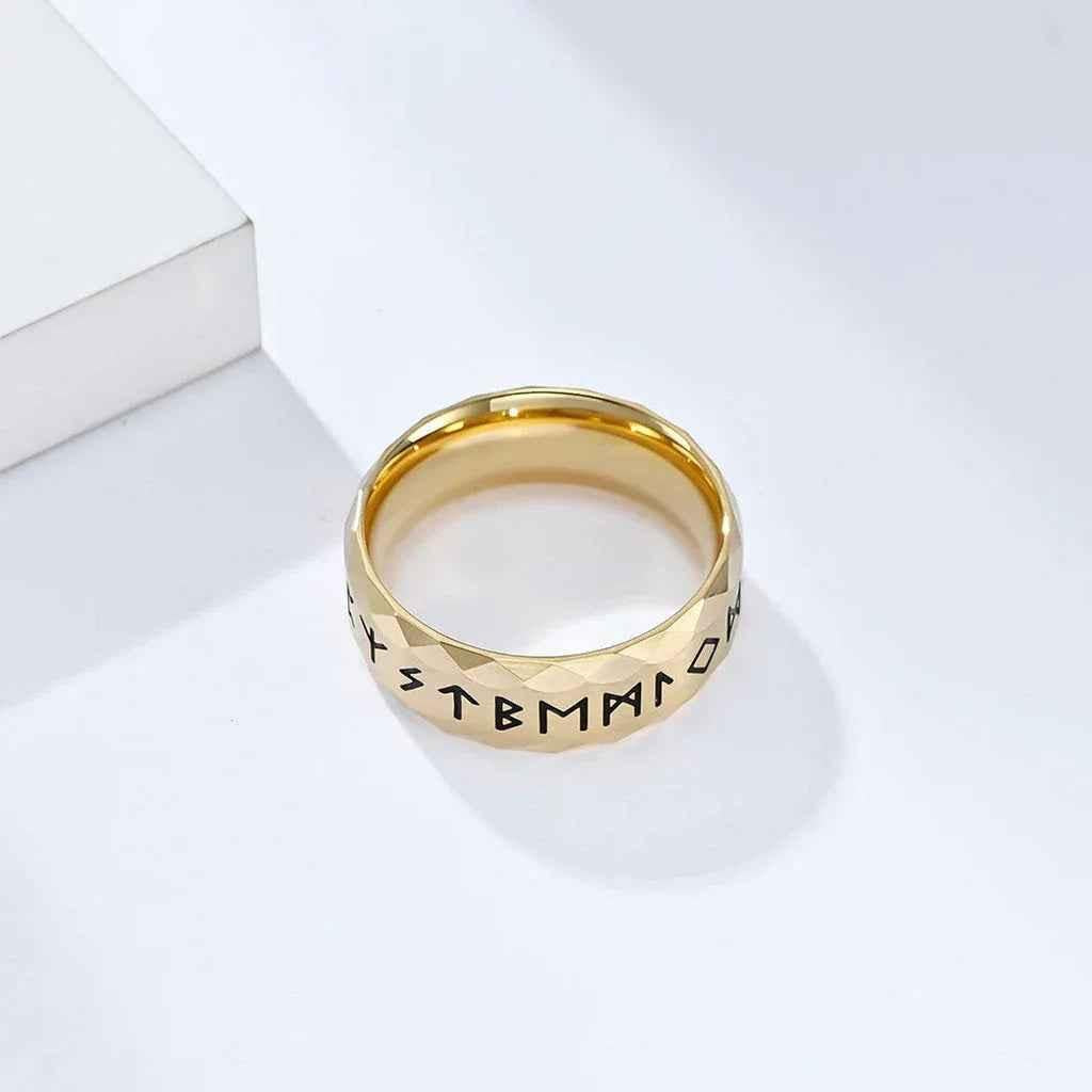 Gold stainless steel Viking Norse rune ring by Glitters, featuring intricate Norse rune engravings on a sleek band.