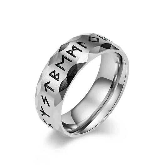 Stainless steel Viking Norse rune ring in silver with engraved Norse symbols, crafted by Glitters.