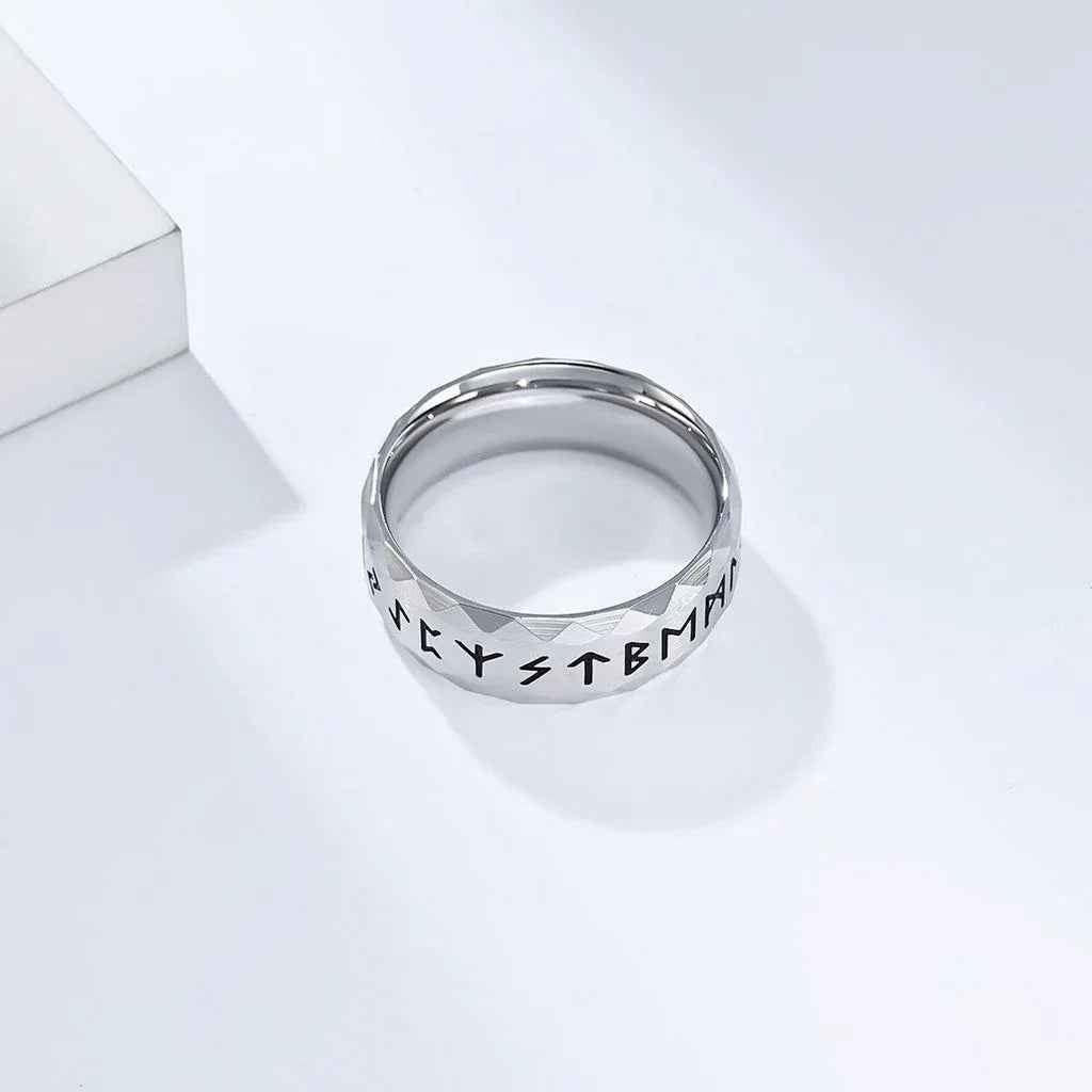 Stainless steel Viking Norse rune ring in silver with engraved Norse symbols, crafted by Glitters.