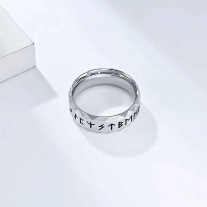 Stainless steel Viking Norse rune ring in silver with engraved Norse symbols, crafted by Glitters.