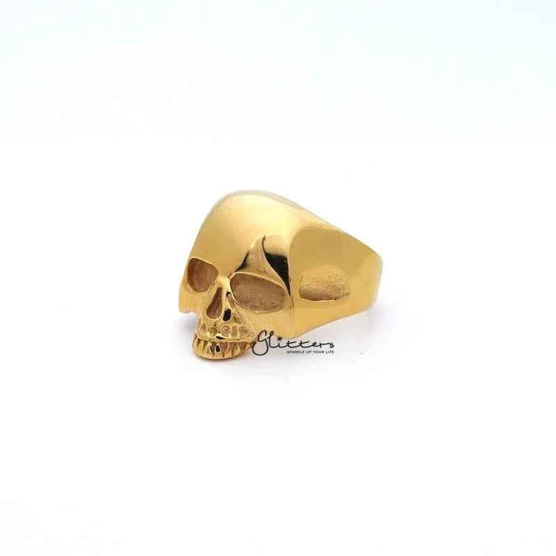 18K gold IP stainless steel men's skull head ring by Glitters, featuring a classic skull design casting on the ring.