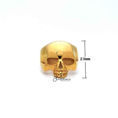 18K gold IP stainless steel men's ring featuring a classic skull head design, crafted by Glitters.