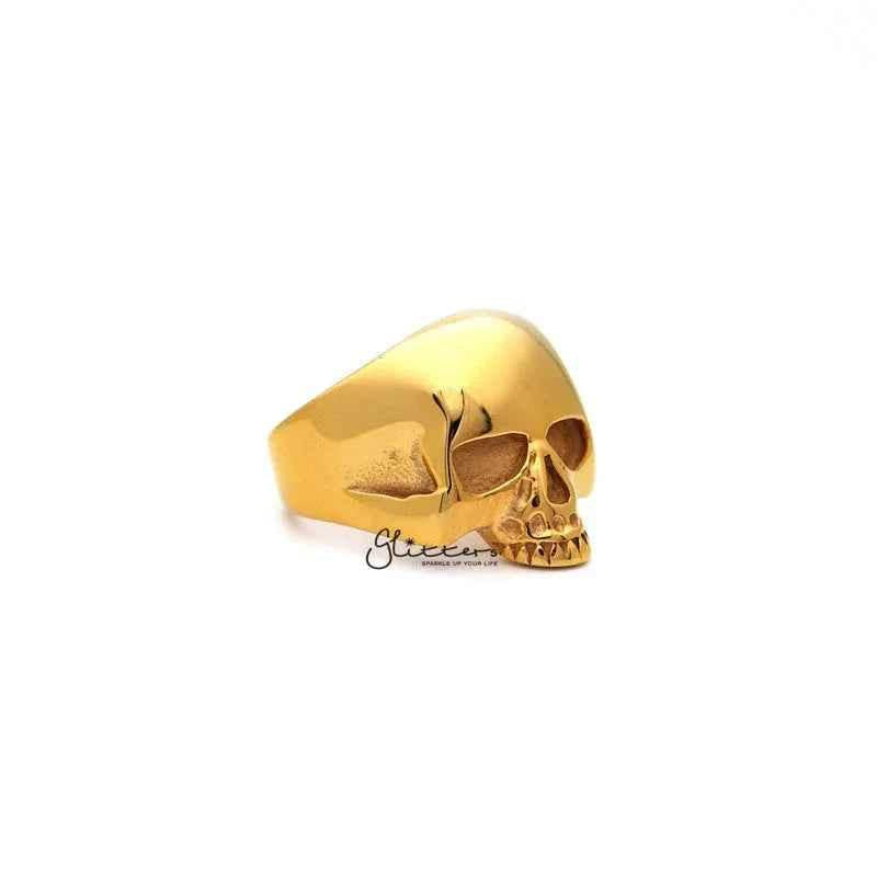 18K gold IP stainless steel men's skull head ring with classic design, crafted by Glitters, featuring detailed skull casting.