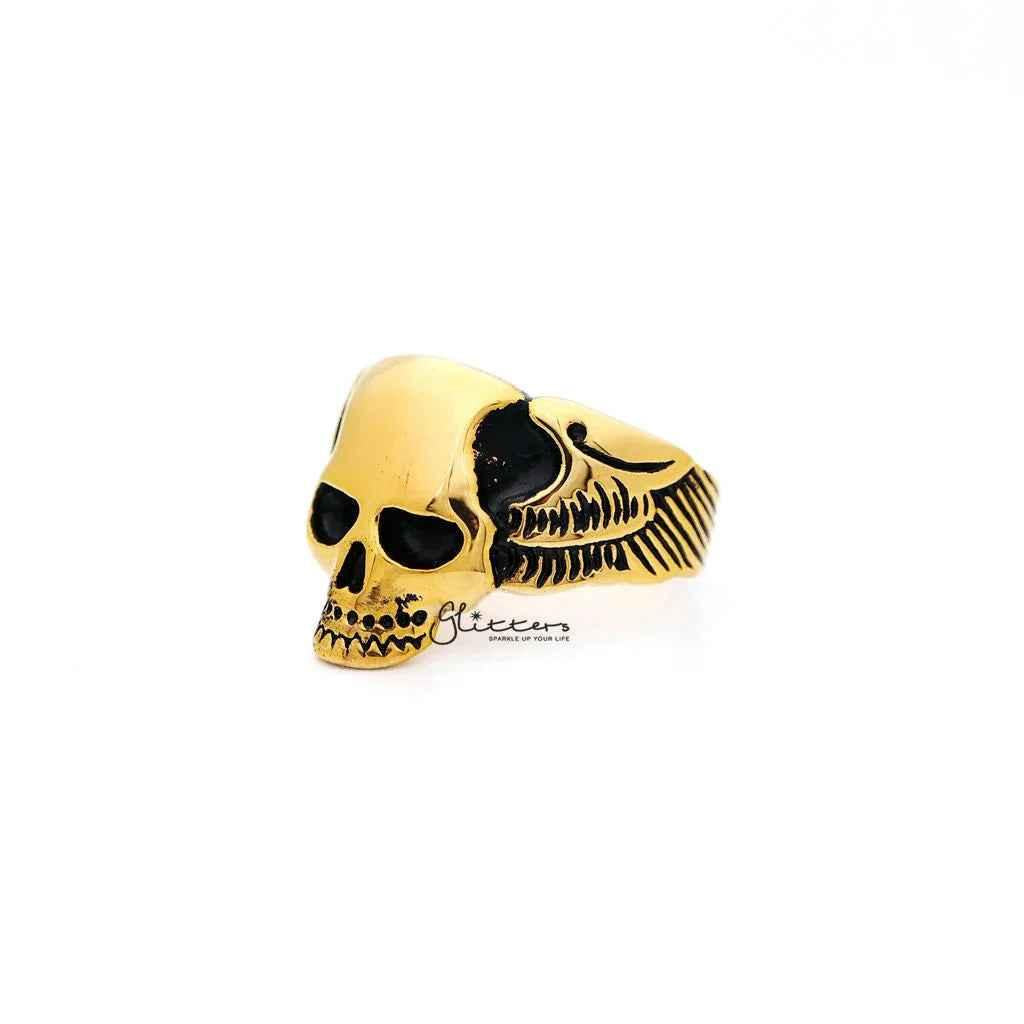 18K gold IP stainless steel skull with wings men's ring by Glitters, featuring detailed skull and wing design on a sleek band