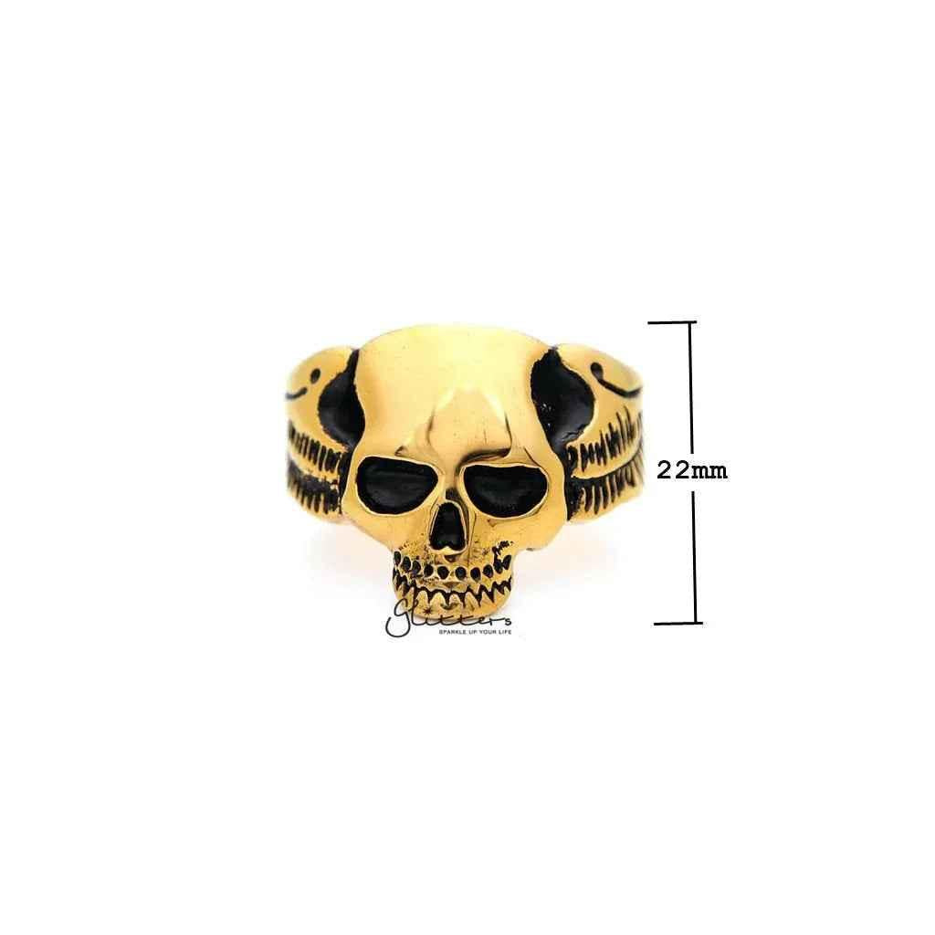 18K gold IP stainless steel skull with wings men's ring by Glitters, featuring detailed skull and wing design for bold style.
