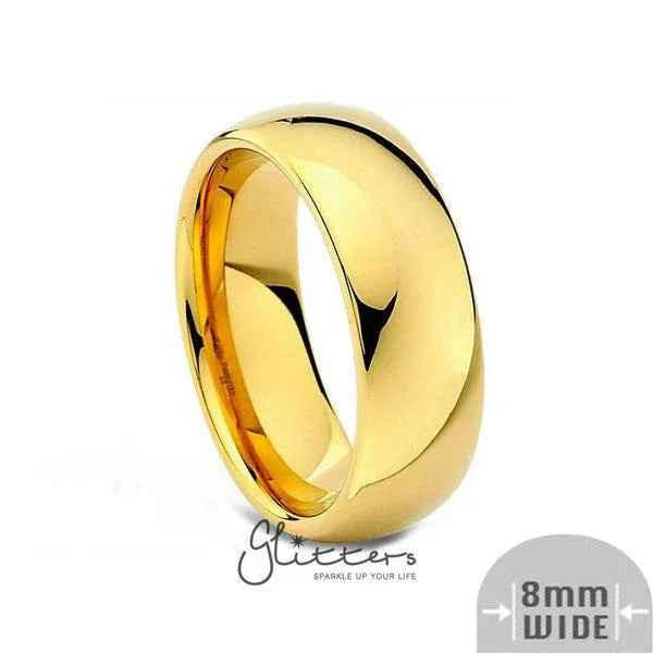 Glitters stainless steel ring with 8mm wide glossy mirror-polished 18K gold ion plating, plain band design.