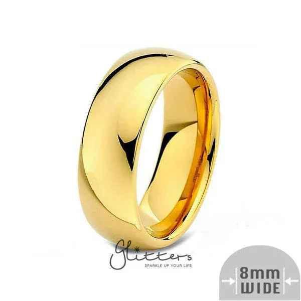 Glossy 8mm wide stainless steel plain band ring with 18K gold ion plating, mirror polished finish from Glitters.