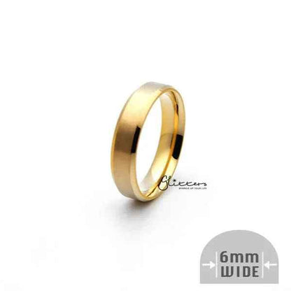 Glitters 18K gold ion-plated stainless steel 6mm wide beveled edge band ring, showcasing shiny gold finish and sleek design.