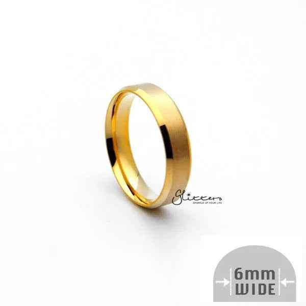 Glitters 18K gold ion-plated stainless steel ring with a 6mm wide beveled edge band, stylish and durable jewelry.