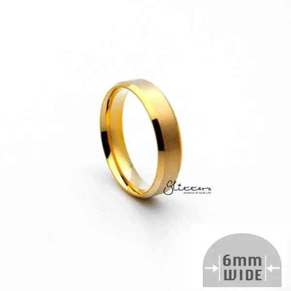 Glitters 18K gold ion-plated stainless steel ring with a 6mm wide beveled edge band, stylish and durable jewelry.
