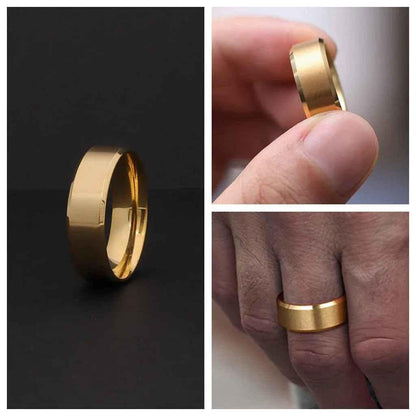 Glitters 18K gold ion-plated stainless steel 8mm wide beveled edge band ring showing a polished finish and sleek design.