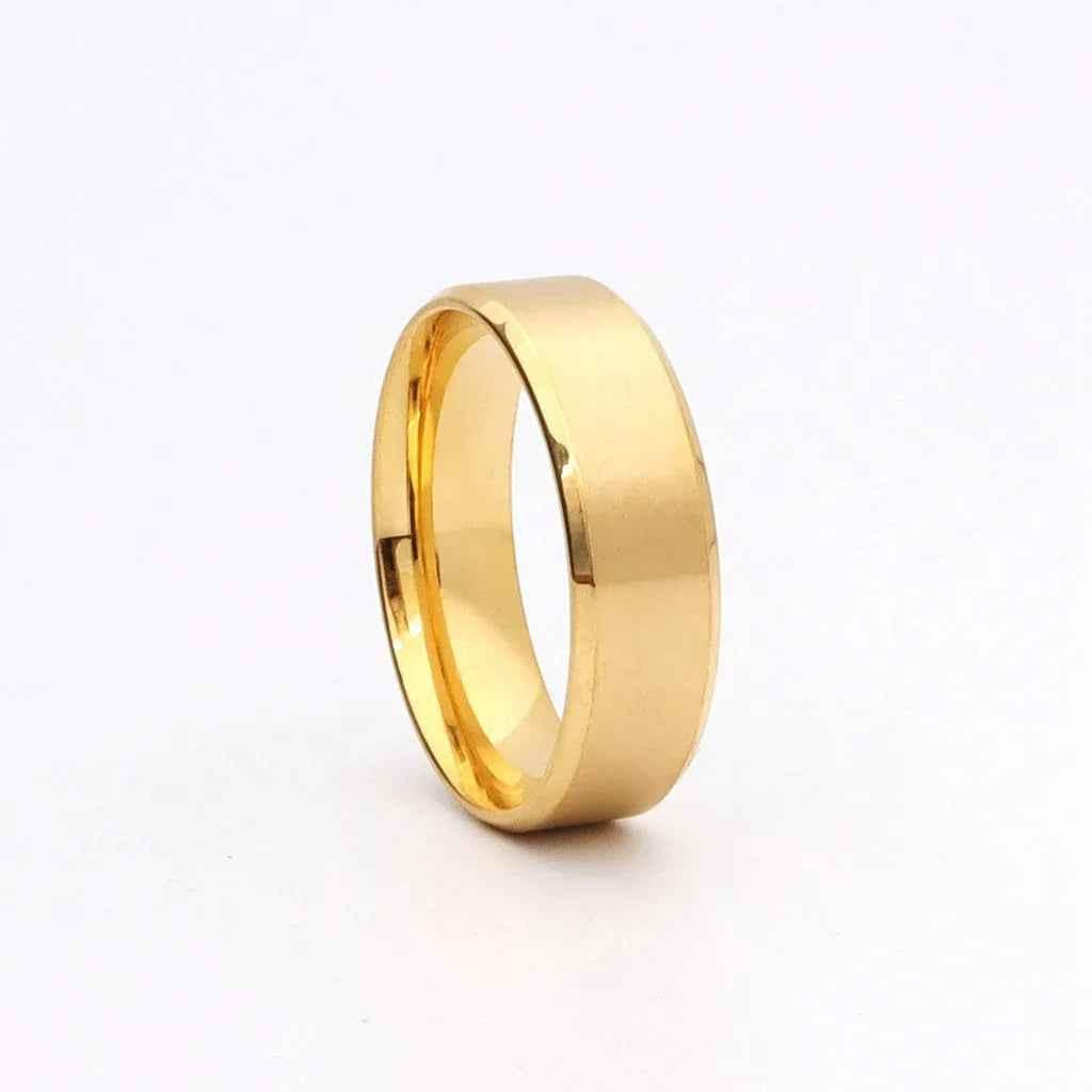 Glitters 18K gold ion-plated stainless steel ring with 8mm wide beveled edge band, stylish and durable jewelry accessory.