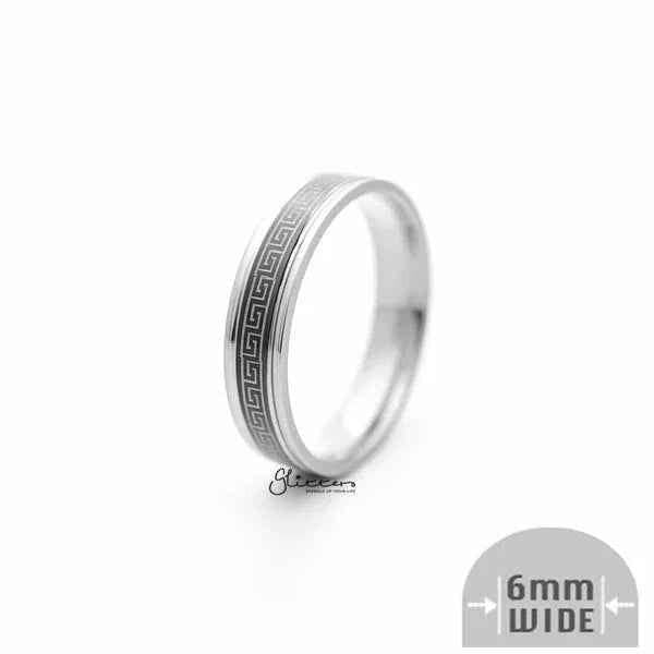 Six 6mm silver Greek key stainless steel band rings on black background, showcasing intricate design and polished finish.