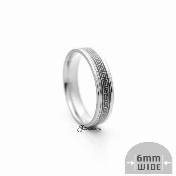 Sixmm silver Greek key stainless steel band ring from Glitters on a black background, showcasing intricate Greek key pattern.