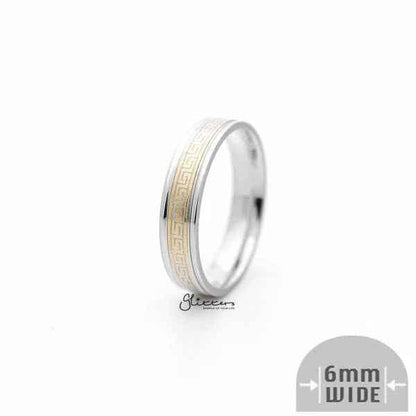 6mm silver Greek key stainless steel band ring by Glitters on a gold background, showcasing intricate design and polished finish.