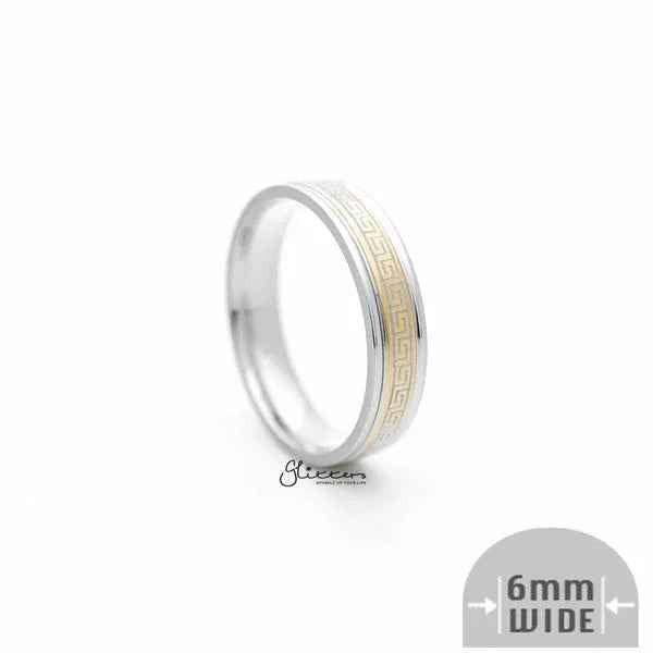 Silver Greek key stainless steel band ring with 6mm width on gold background, stylish and durable jewelry from Glitters.