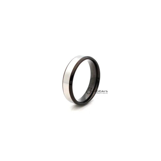 Stainless steel black and silver 6mm wide 2-tone polished center band ring by Glitters, showcasing sleek, modern design.