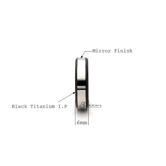 Stainless steel black 2-tone polished center band ring, 6mm wide, from Glitters, with sleek two-tone design and smooth finish.