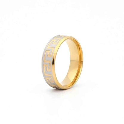 Stainless steel ring with 8mm width, two-tone Greek key accents, matte finish, by Glitters, showcasing detailed design.