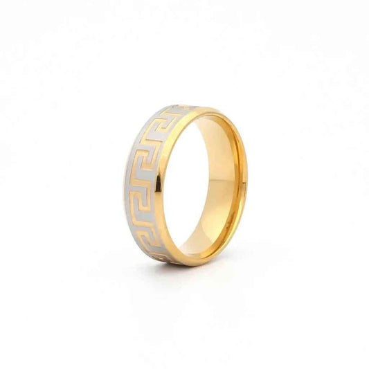 Stainless steel ring with 8mm width, two-tone Greek key accents, matte finish, by Glitters, showcasing detailed design.