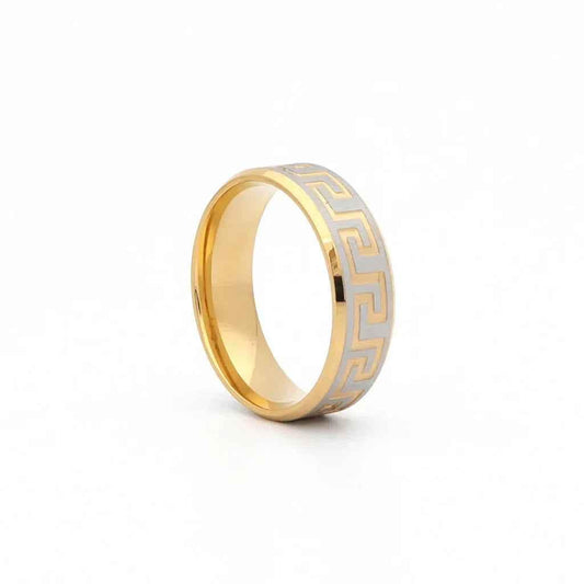 Stainless steel ring with 8mm width, two-tone finish, Greek key accents, and matte surface from Glitters.