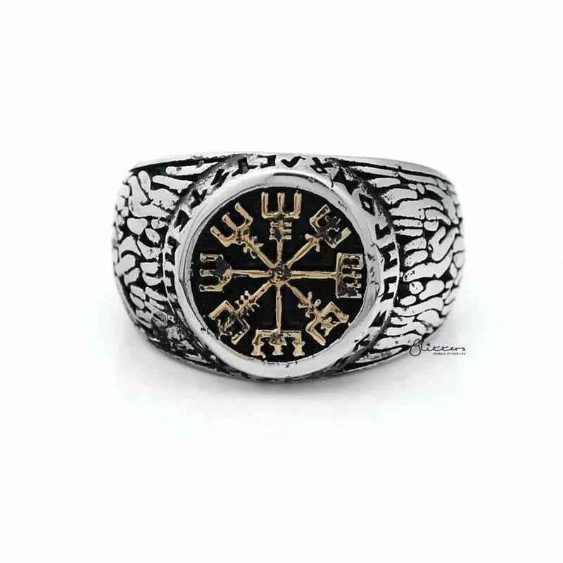 Antique gold Helm of Awe symbol stainless steel men's ring with intricate design, crafted by Glitters.