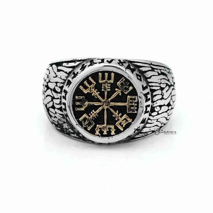 Antique gold Helm of Awe symbol stainless steel men's ring with intricate design, crafted by Glitters.