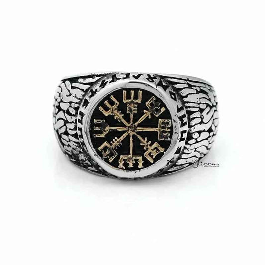 Antique gold Helm of Awe symbol stainless steel men's ring with intricate design, crafted by Glitters.