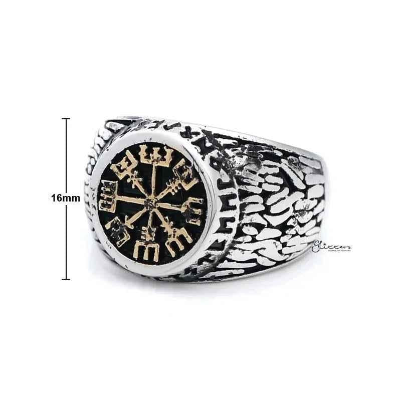 Antique gold Helm of Awe symbol stainless steel men's ring with intricate design, crafted by Glitters.