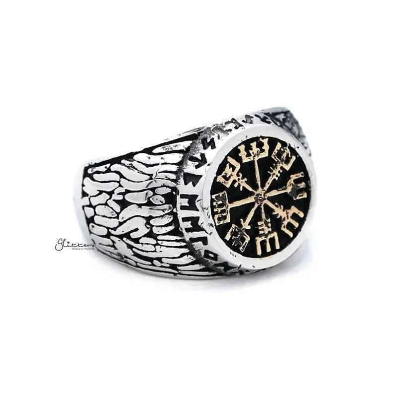Antique gold Helm of Awe symbol stainless steel men's ring with intricate design, crafted by Glitters.