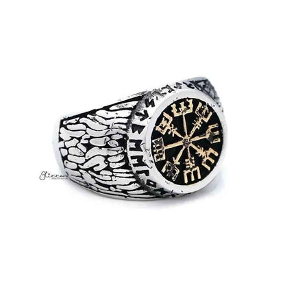 Antique gold Helm of Awe symbol stainless steel men's ring with intricate design, crafted by Glitters.