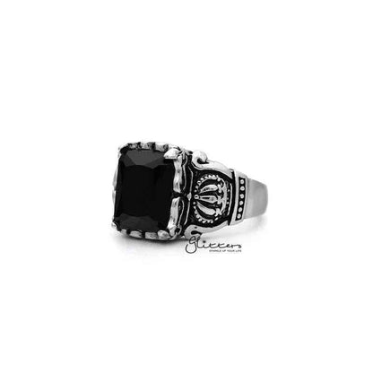 Antiqued stainless steel men's ring with black rectangle cubic zirconia, crafted by Glitters, showcasing detailed casting design.
