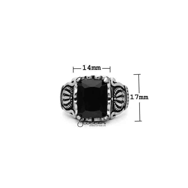 Antiqued stainless steel men's ring by Glitters featuring a black rectangle cubic zirconia stone and cast design.