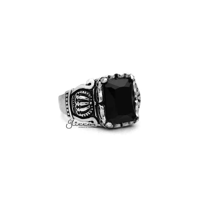 Antiqued stainless steel men's ring with black rectangle cubic zirconia, from Glitters stainless steel rings collection.