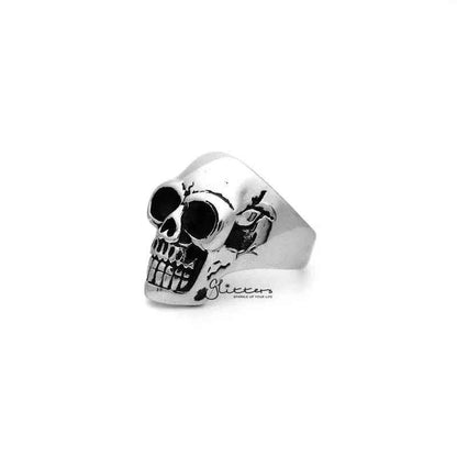 Antiqued stainless steel skull head men's ring from Glitters, featuring a classic skull design and detailed casting.