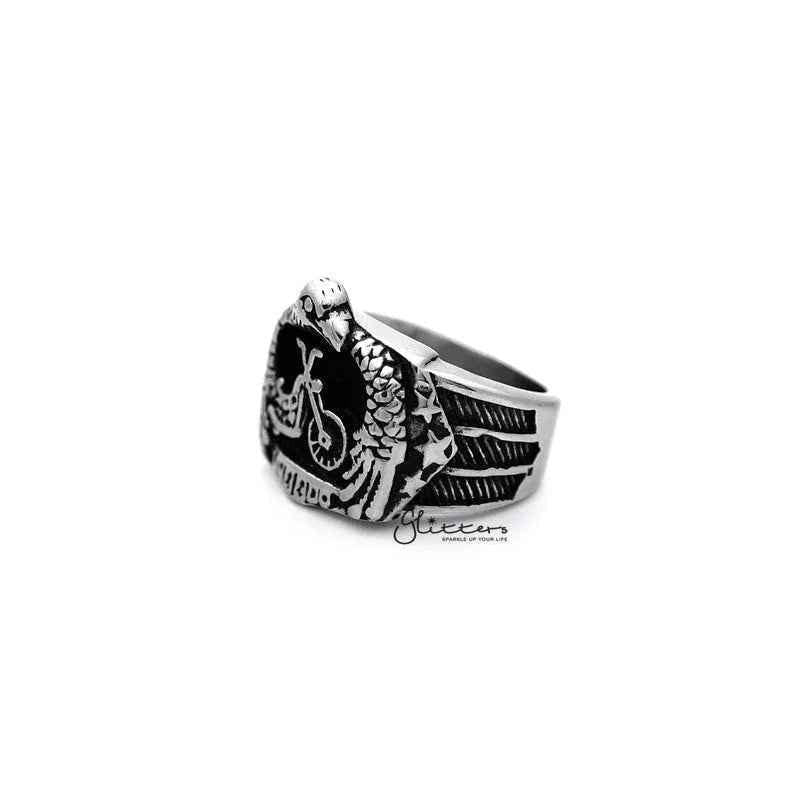 Antiqued stainless steel men's ring featuring an eagle with motorcycle casting design by Glitters.
