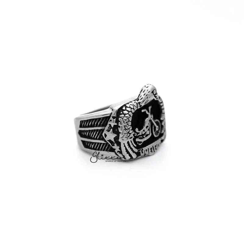 Antiqued stainless steel men's ring featuring an eagle with motorcycle casting, from Glitters stainless steel rings collection.
