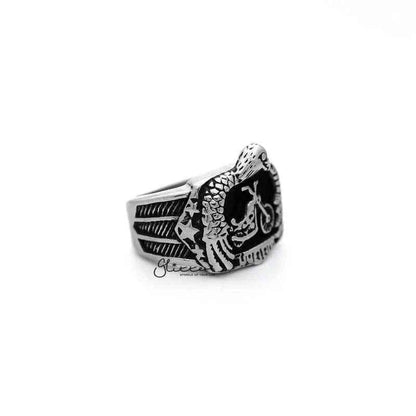 Antiqued stainless steel men's ring featuring an eagle with motorcycle casting, from Glitters stainless steel rings collection.