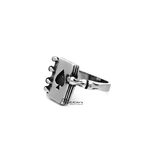 Antiqued stainless steel skull hand claw spades card casting men's ring by Glitters, featuring detailed skull and claw design.