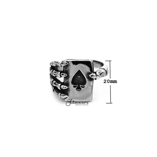 Antiqued stainless steel skull and hand claw spades card casting men's ring by Glitters, detailed and rugged jewelry design.