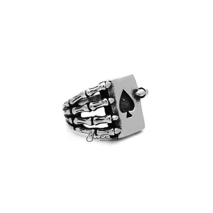 Antiqued stainless steel skull hand claw spades card casting men's ring by Glitters, detailed gothic jewelry with intricate design.