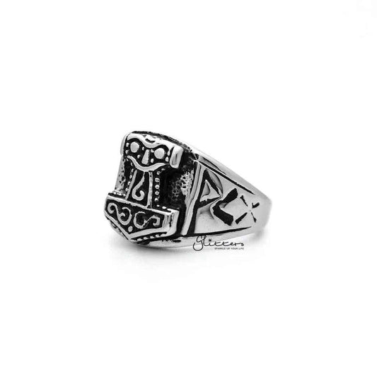 Antiqued stainless steel Thor casting men's ring by Glitters featuring detailed Nordic-inspired design.