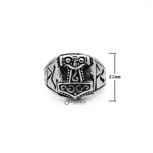Antiqued stainless steel Thor casting men's ring by Glitters, featuring detailed design and bold style.