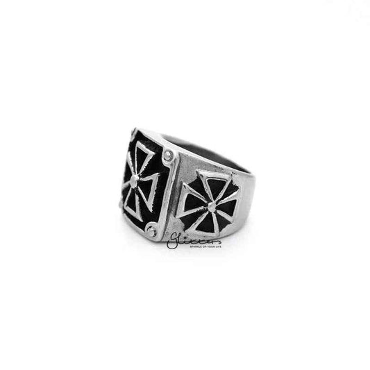 Antiqued stainless steel triple cross men's ring by Glitters featuring detailed cross casting design and sleek finish.