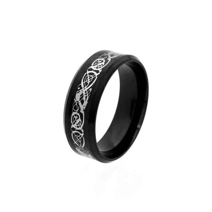 Stainless steel band ring with black beveled edge and stripe pattern, stylish jewelry by Glitters