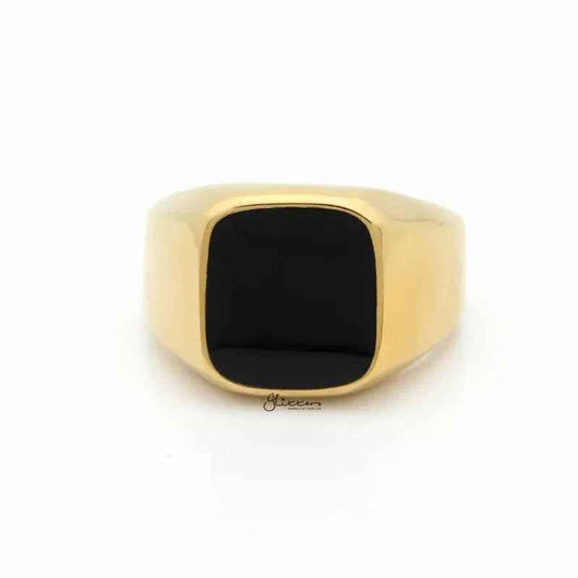 Black square flat top stainless steel signet ring by Glitters, with gold finish, showcasing a sleek, modern jewelry design.