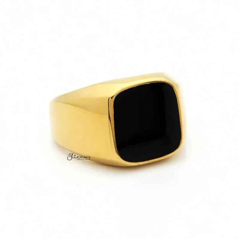 Black square flat-top stainless steel signet ring by Glitters, featuring a gold finish and sleek modern design.