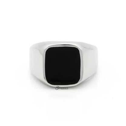 Black square flat top stainless steel signet ring by Glitters, showcasing a sleek silver finish and bold geometric design.